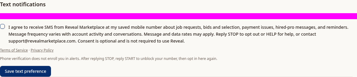 Pro account preference real SMS consent screenshot